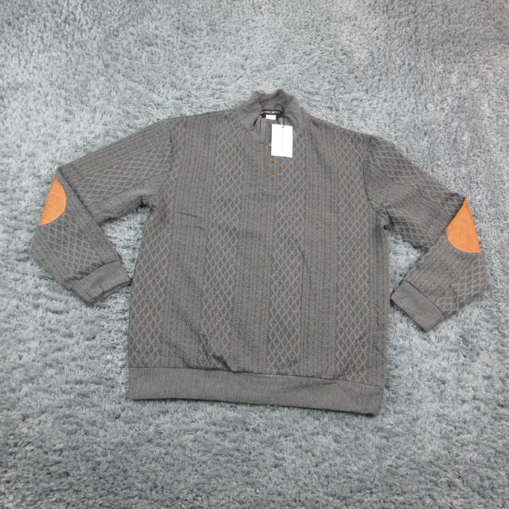Cross & Crown Sweater Mens XL Gray Mock Neck Henley Elbow Patch Geometric NWT